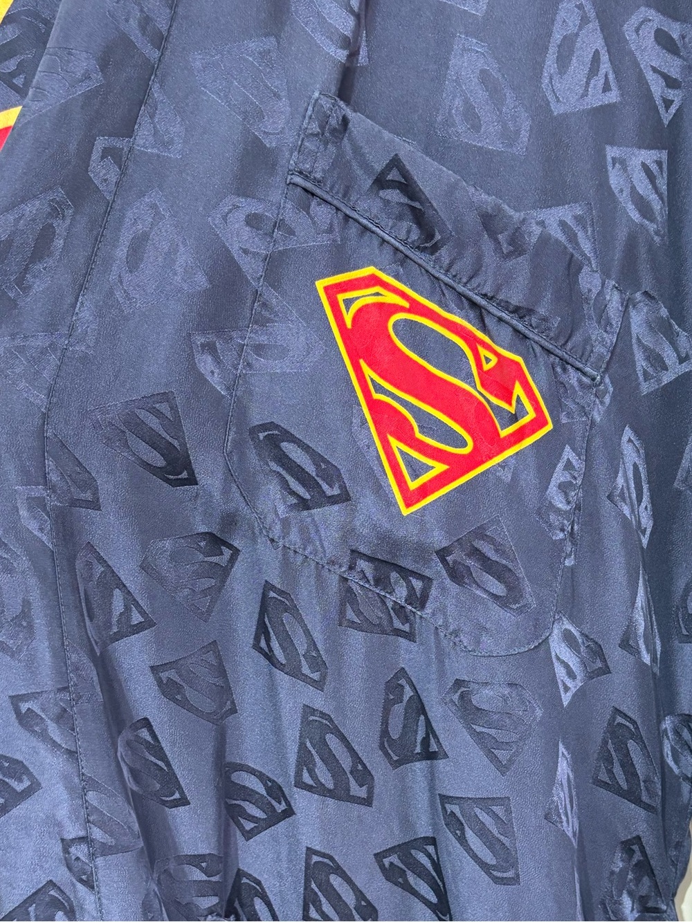 Vintage 1997 Superman 100% Silk Robe Kimono Lounge Wrap DC Comics Blue W/belt - Picture 8 of 15